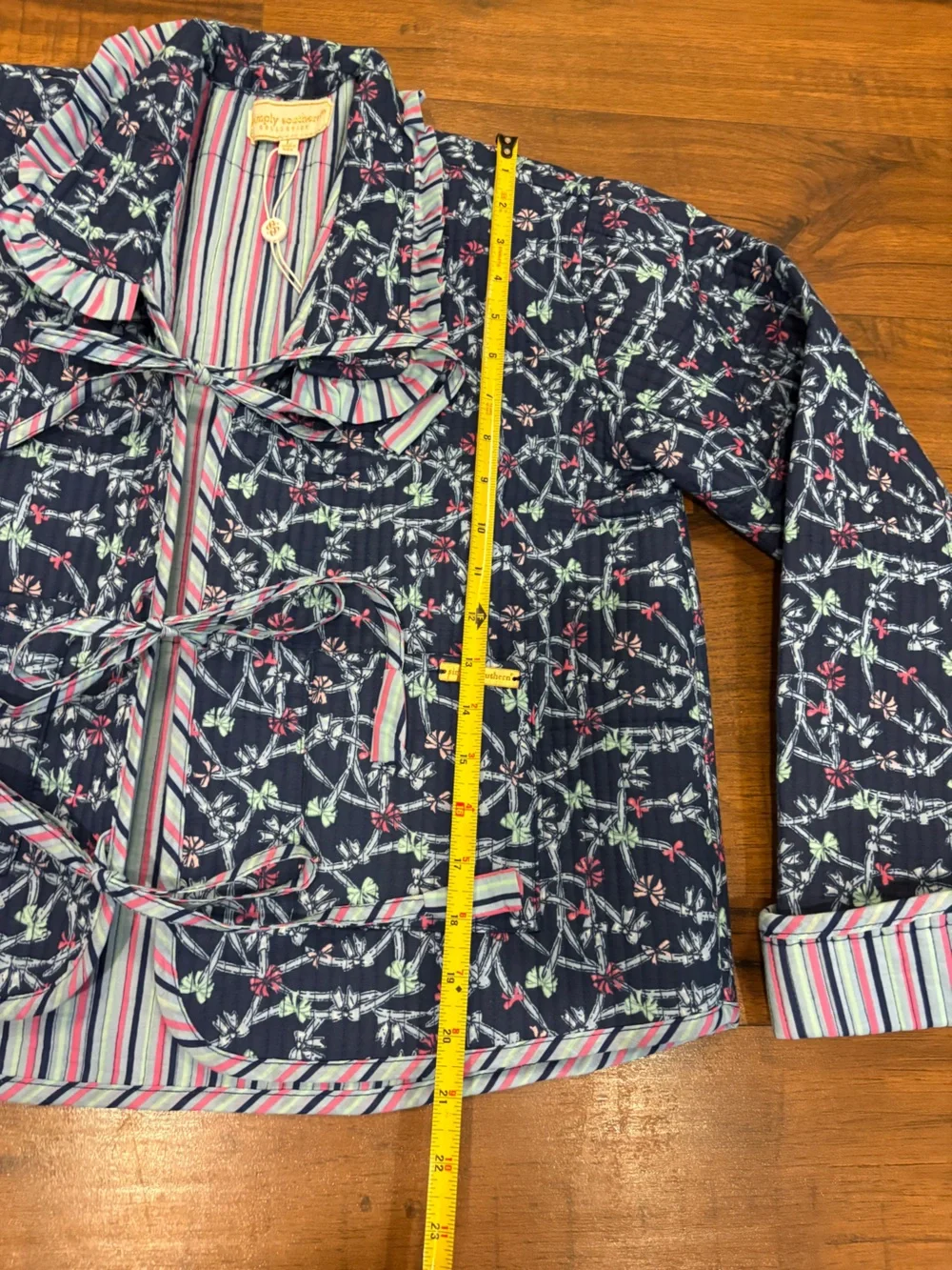 Simply Southern Ophelia Ribbon Quilted Jacket L Navy Blue Striped Tie Front NWT